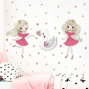Wall Stickers Beautiful Swan And Princess Girls Room Bedroom Decorative Pink Girl Kids Children Decor