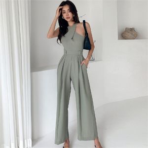 Sommar kvinnlig elegant smal jumpsuit byxor kvinnor casual office ol sexig halter bredben byxor overall 210519