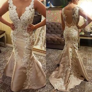Champagne Beads Mermaid Mother of the Bride Groom Dresses lace floral pearls v neck fishtail occasion Mother Prom Gowns Wedding Guest Dress