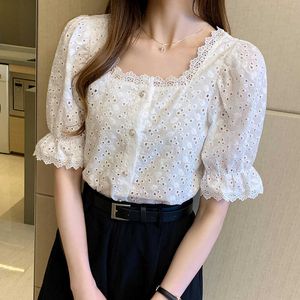 Summer Shirt Korean Lace Shirt Women Square Collar Short Sleeve Hollow Out Vintage Elegant Blouse Fashion Blusas 13934 210527