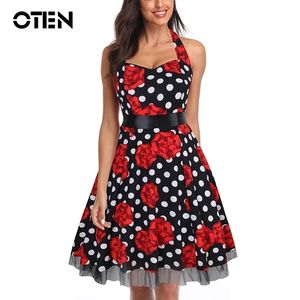 OTEN Damen Vintage Neckholder Polka Dot Kleid 1950er Jahre Blumen Sommer Halloween Retro Rockabilly Cocktail Swing Spitze Teekleider 4XL 210325