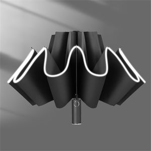 10 revben Stor inverterat automatiskt paraply för män med reflekterande band Fällande Utomhus Business UPF 50+ UV-skydd 211124