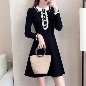 Fashion Knitted Dress Women Vintage Fall Winter single-breasted Slim Elastic A-line Ladies Sweater Vestidos 210603
