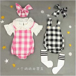 Klasik Bebek Bebek Kız Ekose Romper + Kafa 2 adet Giysileri Set Düğmesi Kontroller Genel Çocuk Tulum 210529