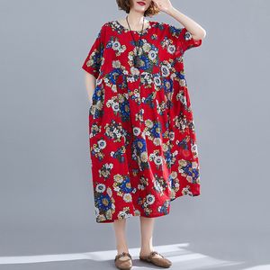 Johnature Women Red Print Floral Klänningar Hög Midja Sommar Bomull Blanda Casual Kvinnor Kläder Kortärmad Klänningar 210521