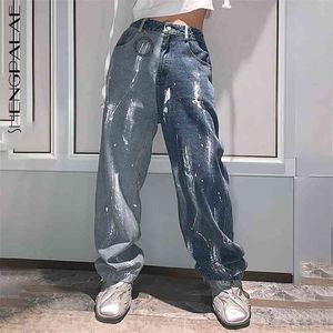 Splash inchiostro inchiostro a vita alta jeans da donna a molla da donna tintura dritta tubo dritto allentato larga gamba pantaloni denim tendenza 5A108 210427