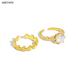 ANDYWEN 925 Sterling Silver Leafs Big Zircon Anelli regolabili Moda donna Luxury Crystal CZ Jewelry Rock Punk 210608