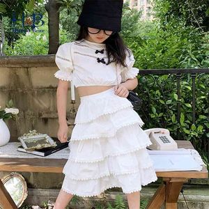 Girls Clothing Set Summer Fashion Bow Short Top + Cake Skirt 2 Pcs Outfits Sweet Kids Clothes 210611