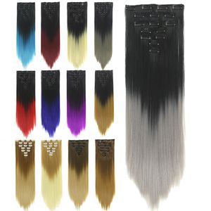 60 cm 24 inç klip / bant sentetik saç uzantıları atkı karışımı renkler simülasyon insan kılları demetleri FL024