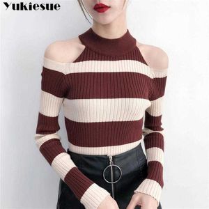 off shoulder striped sweater woman winter women's sexy skinny shirt ladies pullover s for women 210608