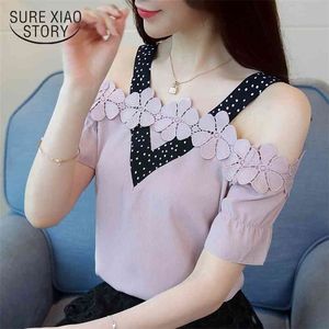 Spring Summer Lace Chiffon Shirts Short Sleeved Blouses Women Tops Fashion Sexy Lady Slash Neck Female Clothing Blusas D584 210521