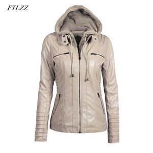 FTLZZ Plus Size 7XL Women Hooded Faux Leather Jacket Pu Motorcycle Hat Detachable Casual Leather Punk Outerwear 210909