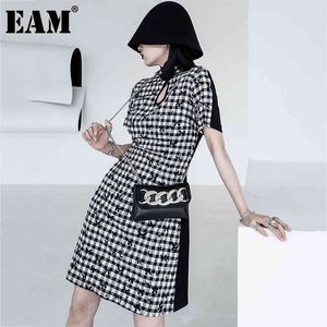 [EAM]女性黒格子縞スプライススリムドレススタンド襟半袖ルースフィットファッションスプリングサマー1DD7562 210512