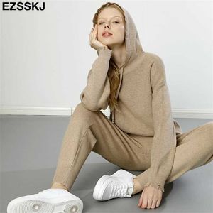 Set da 2 pezzi Maglione con cappuccio da donna Tuta Maglione a collo alto + Pantaloni da jogging a carota Set maglione pullover CHIC Capispalla lavorato a maglia 211116