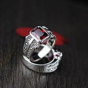 Cluster Rings Real Pure Silver Ring 925 Vintage Engagement for Women with Natural Red Garnet Stone Fine Jewelry Bague Femme