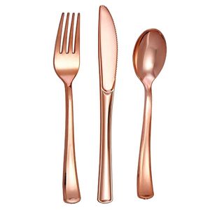 75st ROSE GOLD PLASTIC SILVERWARE-Engångsplattor Set-Heavyweight Plastic Bestyle-Innehåller 25 gafflar, 25 skedar, 25 knivar 211216