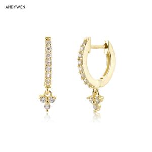 Andywen 925 Sterling Silver Gold Tre Zircon Charm Drop Earring Loops Piercing Pendientes Clips Rock Punk Party Smycken Gift 210608