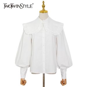 Camicie dolci bianche per le donne Peter Pan Collar Lantern Manica lunga Casual Bluses Dritto Femminile Primavera Fashion 210524