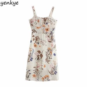 Moda Kobiety Floral Print Sexy Sling Dress Kobieta Bez Rękawów Kwadratowa Neck Długość Kolana A-Line Elegancka dama Suknie Vestido 210514