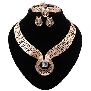 Dubai Elegant Bridal Fashion Jewelry Sets Gold Color Necklace Bracelet Earrings Ring Crystal Jewellry Wedding Gift