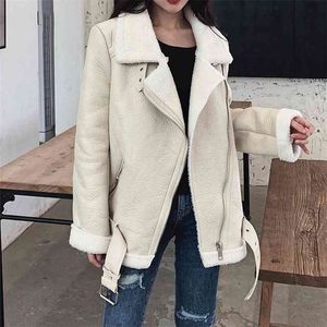 Ailegogo Women Lamb Fur Faux Skórzana Kurtka Płaszcz Odwróć Kołnierz Zimowy Gruby Ciepły Zagraniczony Zipper Z Pas Odzieżowiec 210916