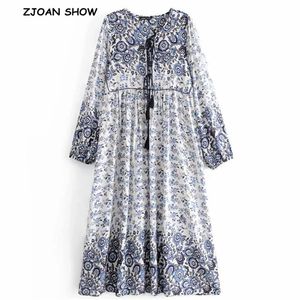 Bohemian Lace Up V Pescoço Azul Branco Floral Floral Vestido Turquesa Vermelho Vermelho Mulher Tons de Tassel Manga Longa Vestidos 210429