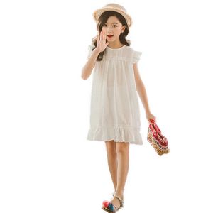 Solid Color Girls Dresses New 2020 Summer Ruffled Dress Retro Literary Princess Dress White Minimalist Pink Cute Birthday Gift Q0716