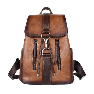 2021 New Genuine Leather Bagpack Women Retro First Layer Cowhide Travel Backpack with Strap Buckle Large Capacity Bag Q0528