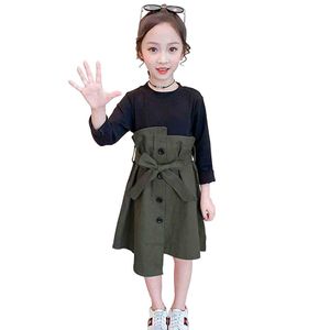 2020 Girls Dress Patchwork Fake 2PCS Dress For Girls Korean Slim Kids Party Dress With Bow Belt Spring Novelty Clothes For Girls Q0716