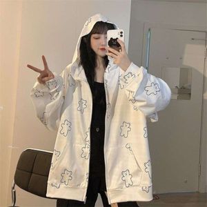 Harajuku Bear Print Hoodie With Zipper Women Sweatshirt Thin Korean Spring Autumn White Oversized Hoodies Outerwear Teens 210928