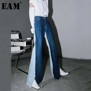 [eam] الأزرق بلون مغاير اللون سبليت المشتركة طويلة واسعة الساق الجينز عالية الخصر فضفاض النساء السراويل الأزياء ربيع الخريف 1T276 2111111111111111