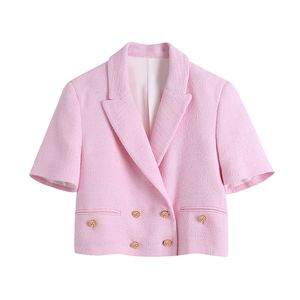 Women Pink Twill Elegant Blazer Jacket Spring Short Sleeve Office Casual Coat Turn Down Collar Ladies Tops Outerwear 210430