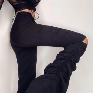 Ripped Drawstring Runched Stacked High Waisted Y2K Pants Kvinnor Mode Chic Black Flare Byxor för kvinnliga Sweatpants 210510