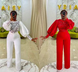 Red Plus Size Jumpsuits Prom Dresses Koronki Plamy Z Długim Rękawem Afryki Kobiet Formalne Suknie Wieczorowe Z Spodnie Garnitury