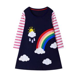 Hoppmätare Långärmade tjejer Klänningar Rainbow Applique Princess Party Dress Bomull Mode Barnkläder För Höst 210529