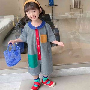 Children'S Romper Summer Single-Breasted Shorts Girls Thin Loose Doll Collar Contrast Color Pocket Striped Pants 210625