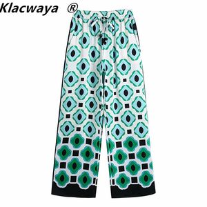 Women Chic Fashion Geometric Print Wide Leg Pants Vintage High Waist Drawstring Female Ankle Trousers Mujer 210521