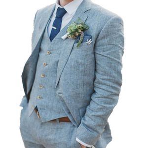 Açık Mavi Keten Damat Smokin Düğün için 3 Parça Özel Erkekler Çentikli Yaka Açık Adam Ile Suits Moda Ceket Yelek Ile Pantolon X0909
