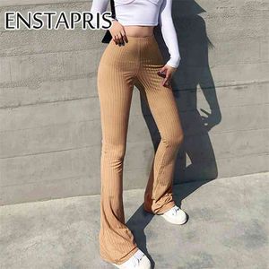 Knitted Wide Leg Pant Fashion Streetwear Cyber Y2k Aesthetic High Waist Rib Bodycon Flare Trousers Women Pantalons Capris 210915