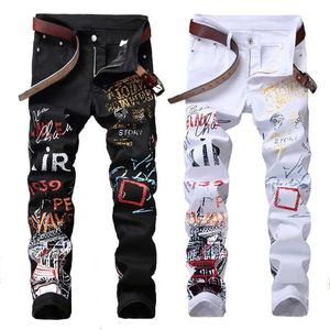 Fashion Mens Graffiti Jeans Stretch White Black Casual Trousers Elastic Pencil Byxor Slim Denim för män 211111