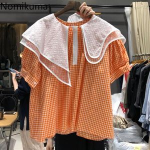 Nomikuma Coreano Spruff Sleeve xadrez Blusa Camisa Hit Color Double-Layer Collar Mulheres Tops Verão Sweet Blusas Femineno 6G340 210427