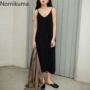 Nomikuma Yaz Siyah Sling Elbise Kadınlar Katı Renk Seksi Moda Temel Elbiseler Lady V Boyun Vintage Kore Vestidos 3A285 210514