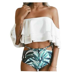 Women's Swimwear High Waist Swimsuit 2021 Sexy Bikinis Women Ruffle Vintage Bandeau Striped Bottom Bikini Set Bathing Suits