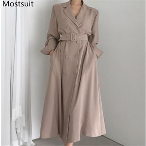 Spadek Winter Fashion Casual Trench Coat z Sashes Women Dwuosobowy podwójnie Oversize Vintage Długie Płaszcze Płaszcze Femme 210518