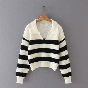 TRAF Kobiety Moda Striped Polo Collar Loose Pluit Sweter Retro Długi Rękaw Sweter Streetwear 210914
