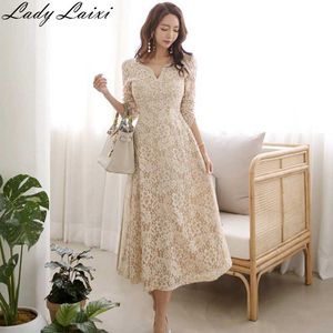 Autumn Womens Elegant Sexy Crochet Hollow Out Lace dress Party Evening Special Occasion A-line Midi Long work Vestidos 210529