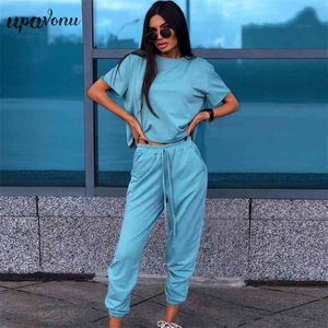 Free Women Summer Sports Pants Suit Casual Short Sleeve Loose Pullover T-shirt & Elastic Two-piece Harem Set 210524
