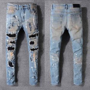 Мужские и женские дизайнерские джинсы Amirs, рваные байкерские тонкие прямые джинсовые брюки для мужчин с принтом, армейские модные мужские узкие брюки G5