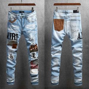 High Street Jeans Männer Mode Marke Hip Hop Schwarz Patch Stickerei Stretch Slim Fit Herren 211111