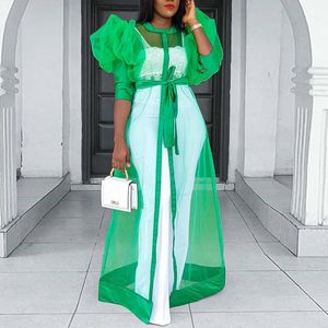 Women See Through Party Dresses Sexy Maxi Cover Up Dress Lantern Sleeve Cardigan with Belt African Plus Size Fashion Spring 210416